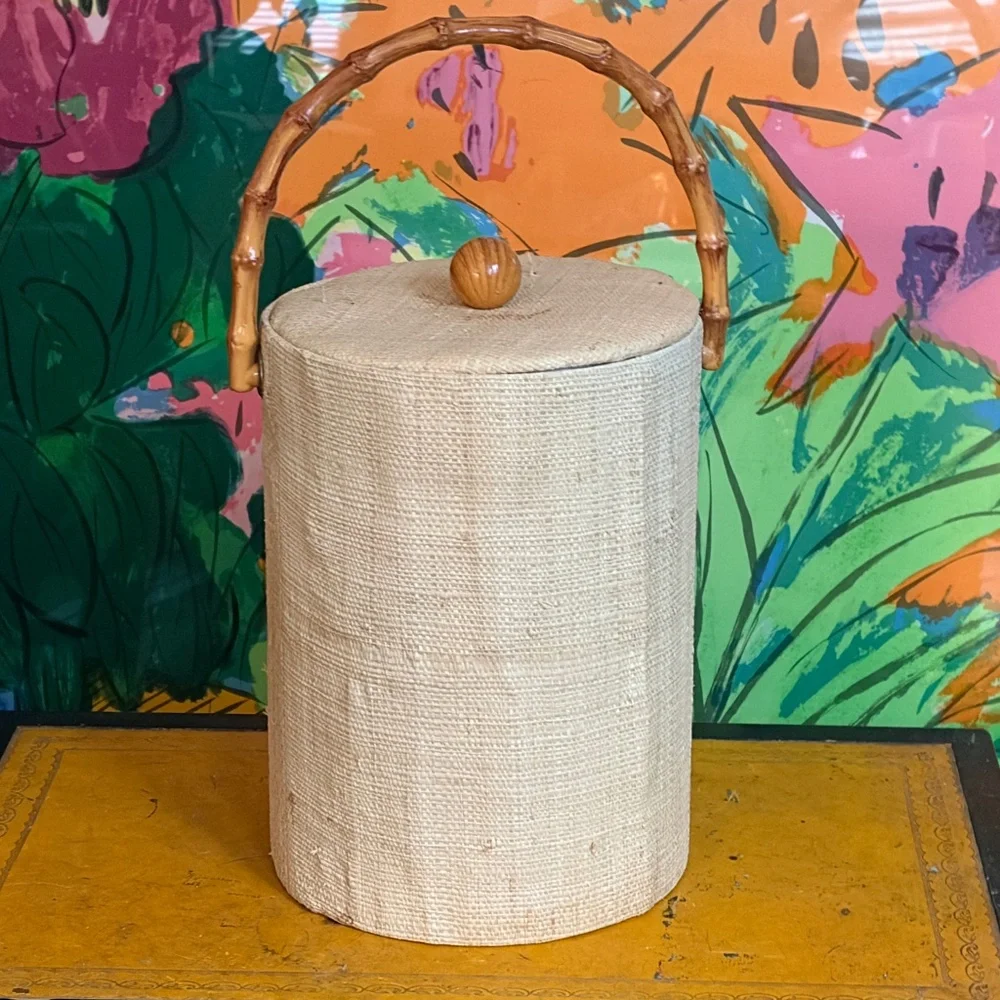 Vintage MCM GrassCloth Raffia Burlap Ice Bucket Bamboo Handle Tiki Bar Tropical